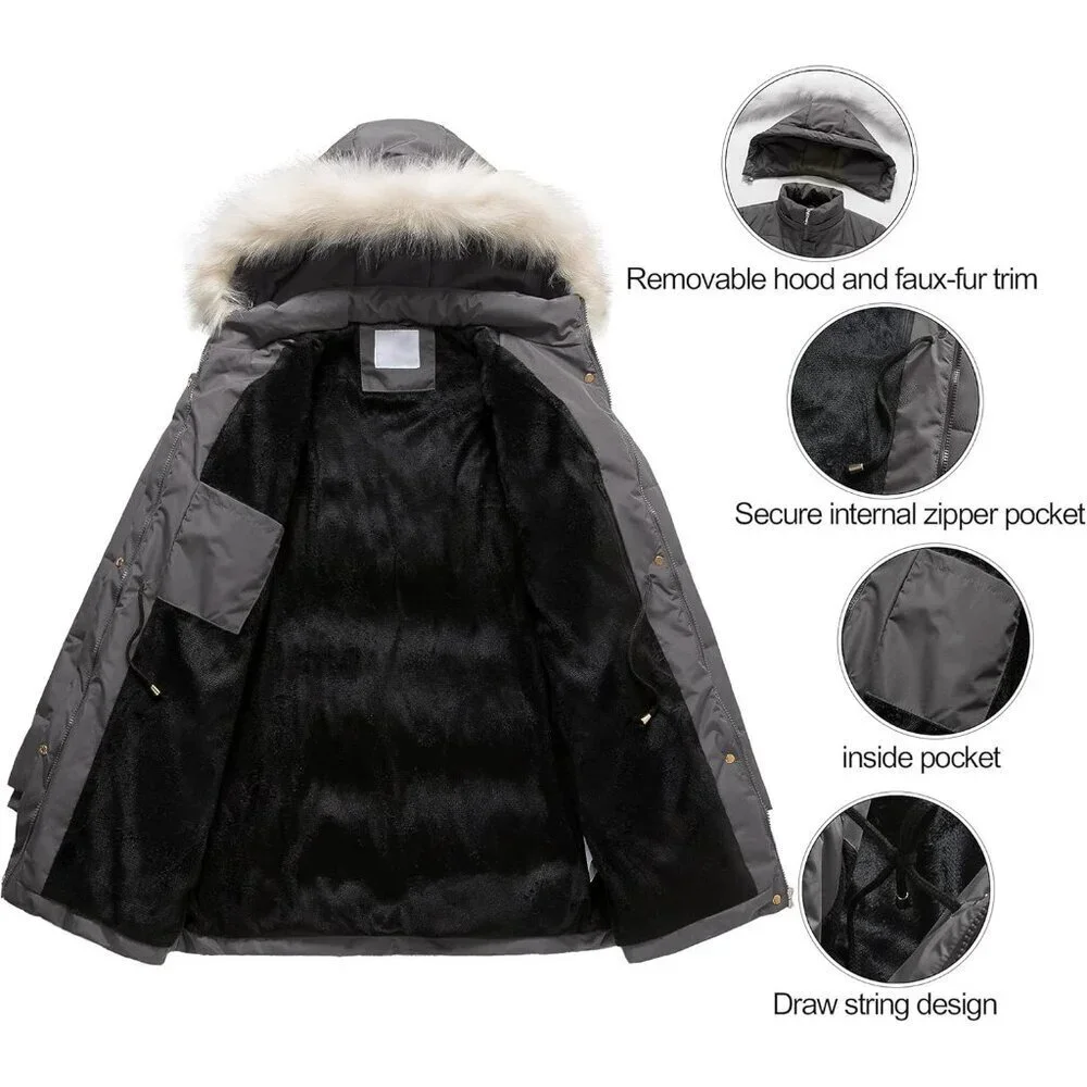 Women's Dark Grey Winter Warm Long Drawstring Waterproof Snow Puffer Jacket